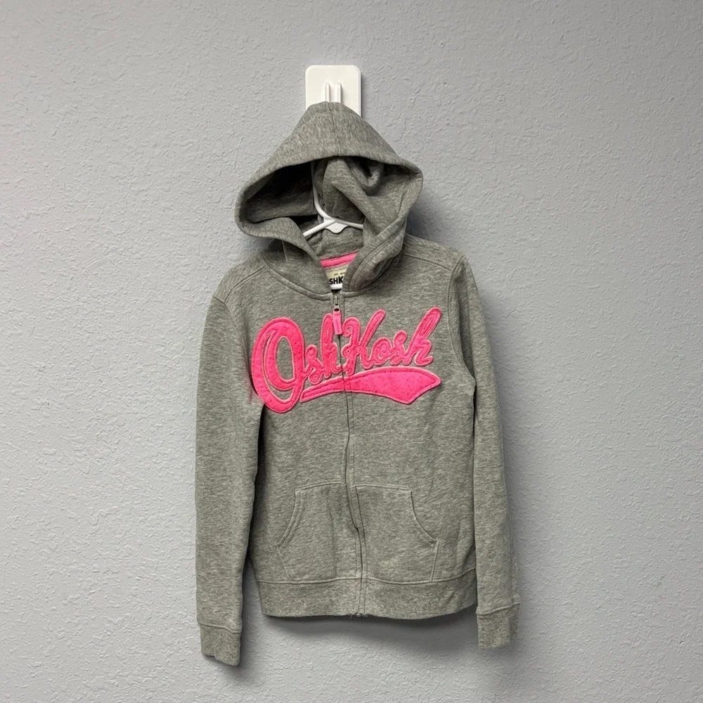 OshKosh B'gosh Girl’s Sz 10 Full Zip Gray Hoodie w/Pink Embroidery, GUC